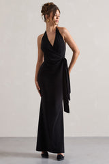 Black Halter-Neck Gathered Drape Maxi Dress