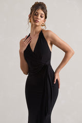 Black Halter-Neck Gathered Drape Maxi Dress