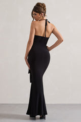 Black Halter-Neck Gathered Drape Maxi Dress