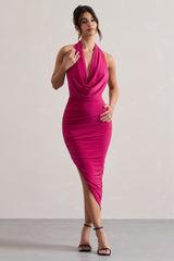 Hot Pink Cowl-Neck Asymmetric Maxi Dress