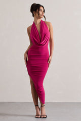 Hot Pink Cowl-Neck Asymmetric Maxi Dress