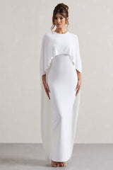 White Draped Maxi Dress With Cape Sleeves