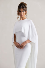 White Draped Maxi Dress With Cape Sleeves