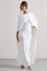 White Draped Maxi Dress With Cape Sleeves