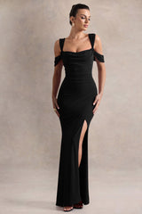 Black Square-Neck Draped Wrap Maxi Dress