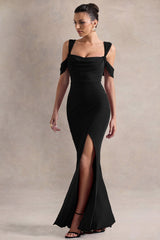 Black Square-Neck Draped Wrap Maxi Dress