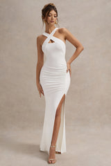 White Cross Over Halter-Neck Split Maxi Dress