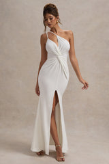White Strapless Asymmetric Twisted Maxi Dress