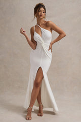 White Strapless Asymmetric Twisted Maxi Dress