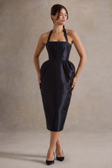 Black Halter-Neck Midi Dress With Tulip Skirt