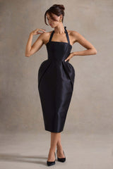 Black Halter-Neck Midi Dress With Tulip Skirt