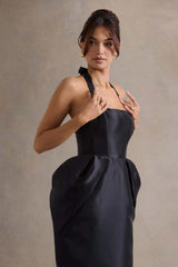 Black Halter-Neck Midi Dress With Tulip Skirt