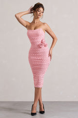 Pink Polka Dot Ruched Mesh Strapless Midi Dress With Corsage