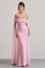 Blush Pink Floral Bardot Fishtail Maxi Dress With Mesh Cape