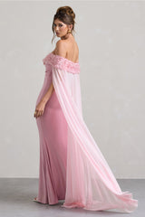 Blush Pink Floral Bardot Fishtail Maxi Dress With Mesh Cape