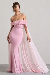 Blush Pink Floral Bardot Fishtail Maxi Dress With Mesh Cape