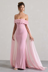Blush Pink Floral Bardot Fishtail Maxi Dress With Mesh Cape