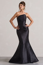 Black Satin Asymmetric Fishtail Maxi Dress