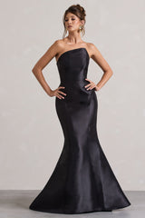 Black Satin Asymmetric Fishtail Maxi Dress