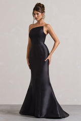 Black Satin Asymmetric Fishtail Maxi Dress
