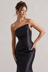 Black Satin Asymmetric Fishtail Maxi Dress