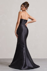 Black Satin Asymmetric Fishtail Maxi Dress