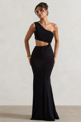 Black Asymmetric Twisted Cut-Out Fishtail Maxi Dress