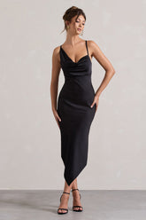 Black Satin Asymmetric Cowl-Neck Midi Dress