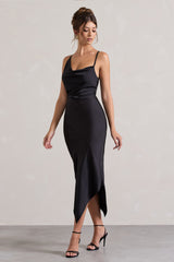 Black Satin Asymmetric Cowl-Neck Midi Dress