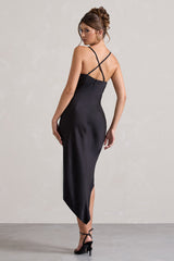 Black Satin Asymmetric Cowl-Neck Midi Dress