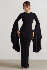 Black Waterfall Sleeve Maxi Dress