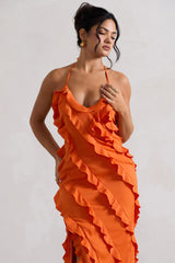 Orange V-Neck Ruffle Maxi Dress