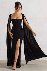 Black Square Neck Twisted Maxi Dress With Cape Sleeves