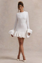 Cream Long-Sleeve Mini Dress With Satin Trims