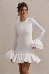 Cream Long-Sleeve Mini Dress With Satin Trims