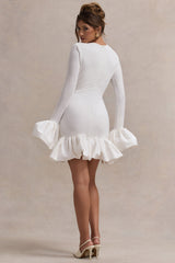 Cream Long-Sleeve Mini Dress With Satin Trims