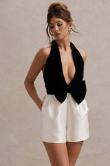 Black & White Velvet Plunge Neck Playsuit With Bow