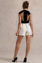 Black & White Velvet Plunge Neck Playsuit With Bow