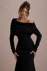 Black One-Shoulder Asymmetric Maxi Dress