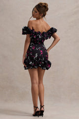 Black Ditsy Floral Print Ruffled Bardot Mini Dress