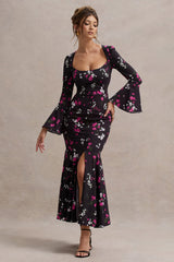 Black Ditsy Floral Print Chiffon Long-Sleeve Split Maxi Dress