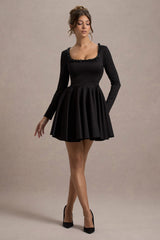 Black Square-Neck Long-Sleeve Skater Mini Dress