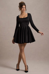 Black Square-Neck Long-Sleeve Skater Mini Dress
