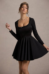 Black Square-Neck Long-Sleeve Skater Mini Dress