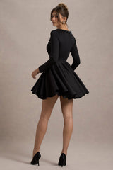 Black Square-Neck Long-Sleeve Skater Mini Dress