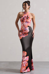 Pink Floral Satin Cross Over Halterneck Maxi Dress