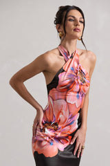 Pink Floral Satin Cross Over Halterneck Maxi Dress