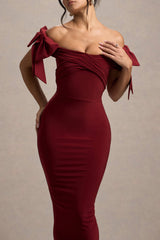 Port Bardot Midi Dress With Bows