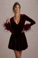 Port Velvet Plunge-Neck Feather Trim Mini Dress