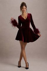 Port Velvet Plunge-Neck Feather Trim Mini Dress